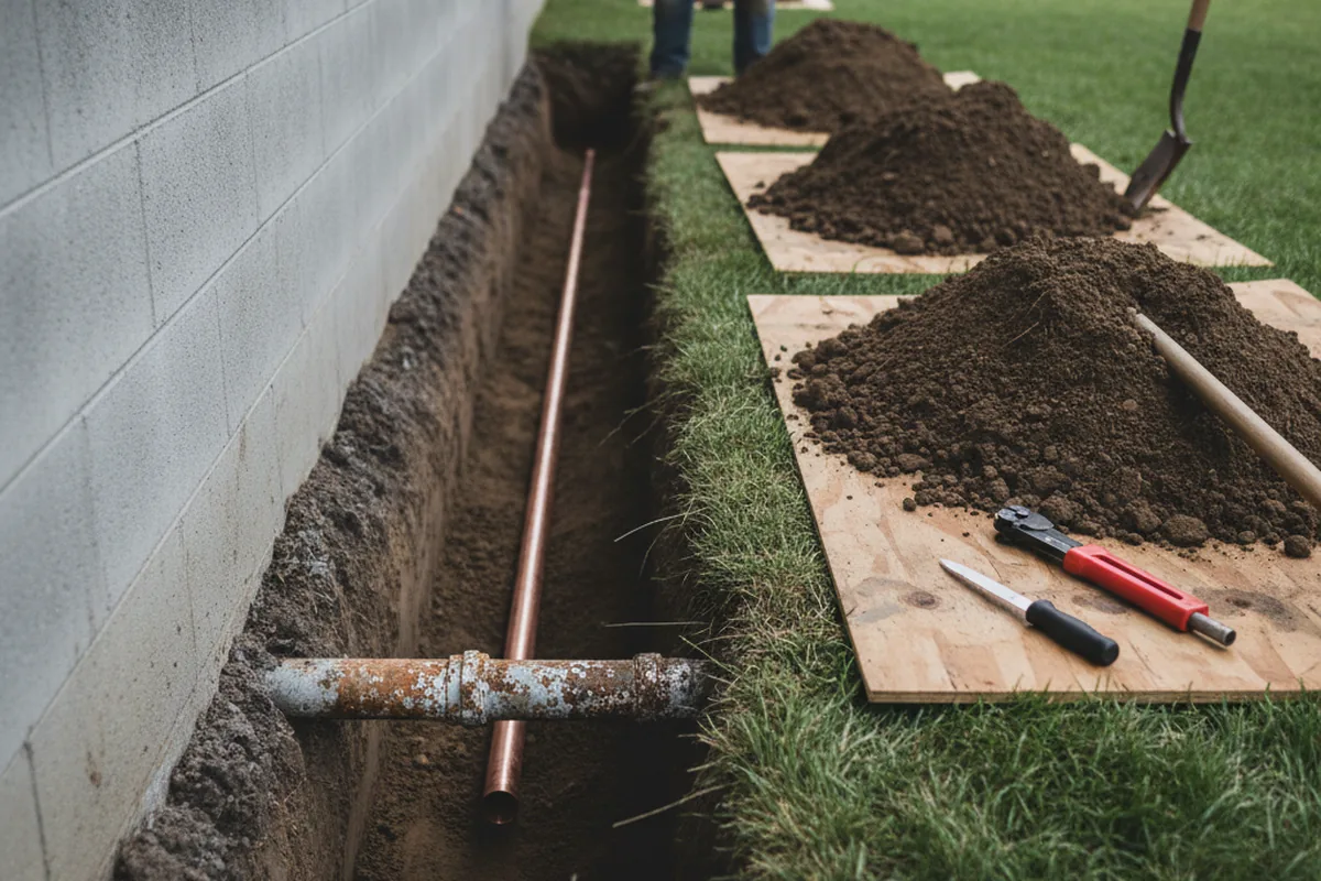 Excavated water line trench during Water Heater Repair in Tasley